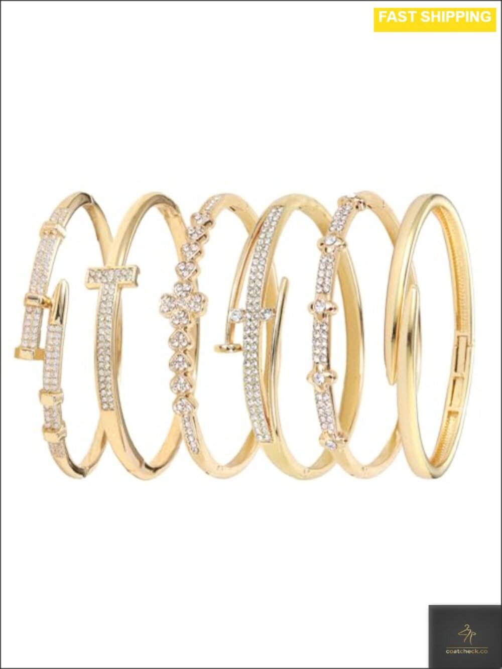 6 Pc Stackable Gold Bangle Bracelet Set for Women Rhinestone